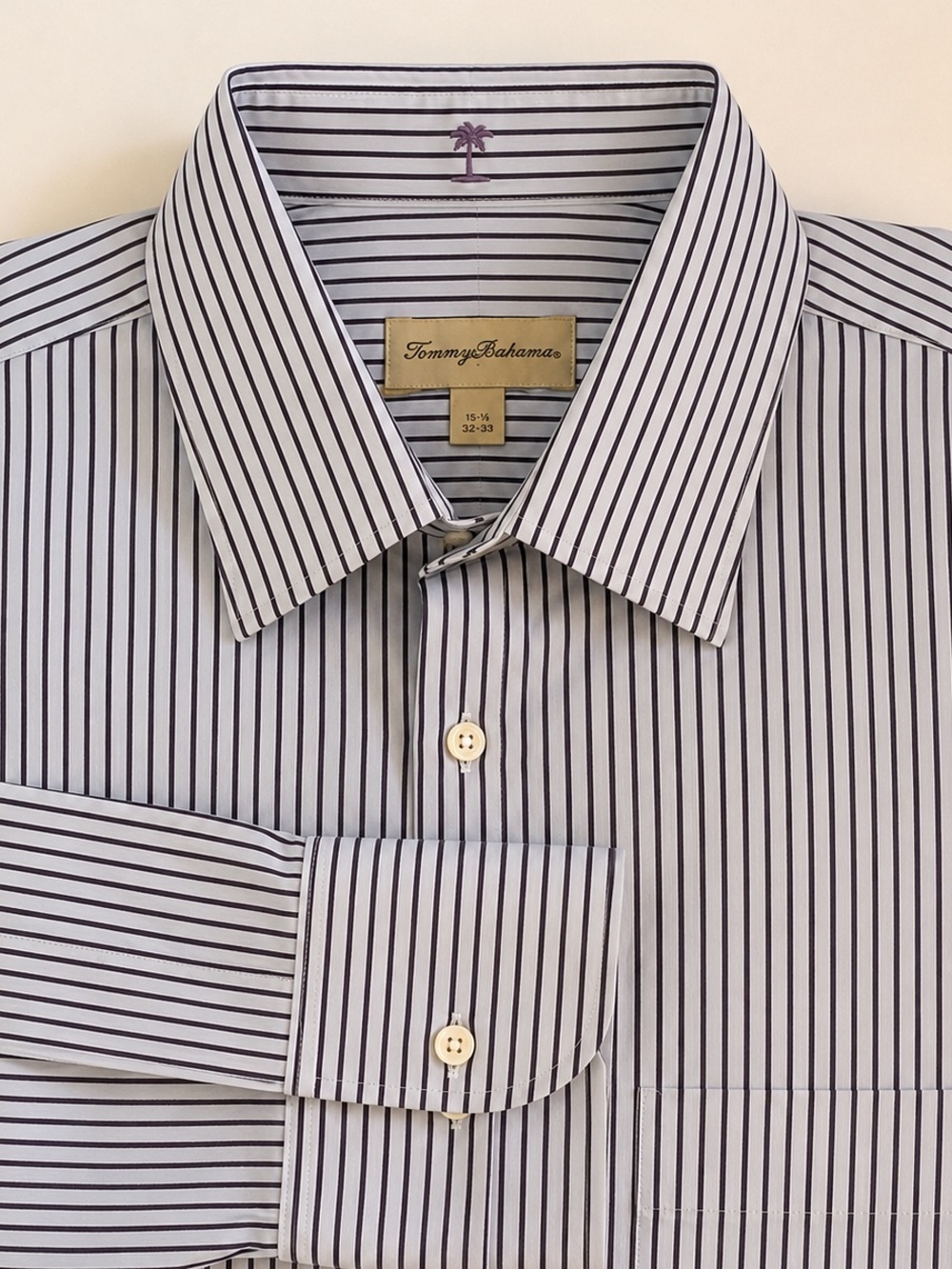 Tommy Bahama Men’s Plum & White Striped Cotton Dress Shirt – Size 15.5 / 32-33.
